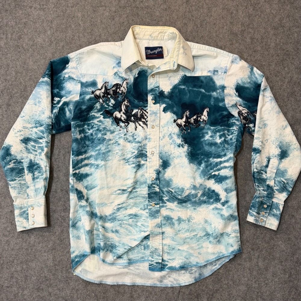 Wrangler Vintage Horse Ocean Long Sleeve Pearl Snap Button Up Shirt Men's Size L